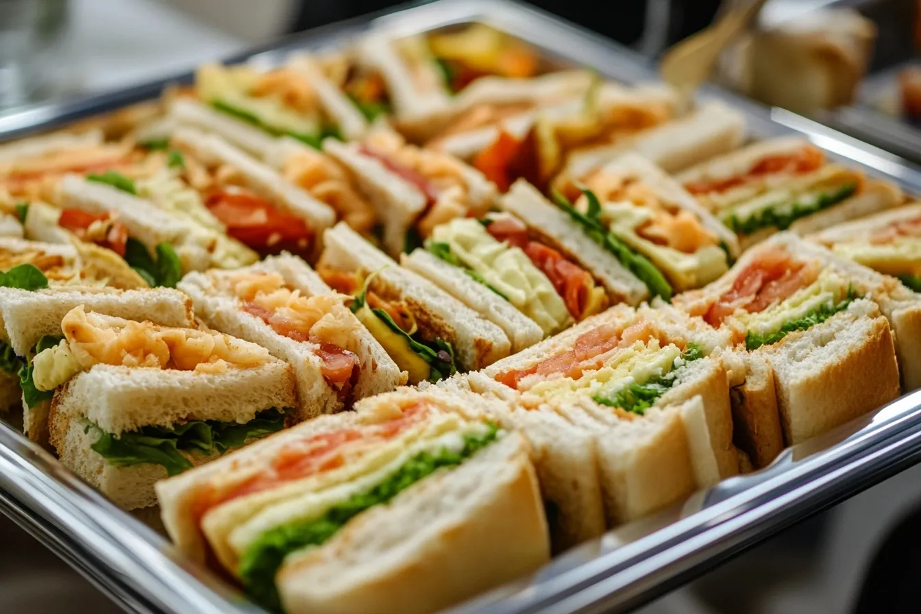 A catering tray filled with a variety of half-sandwiches.