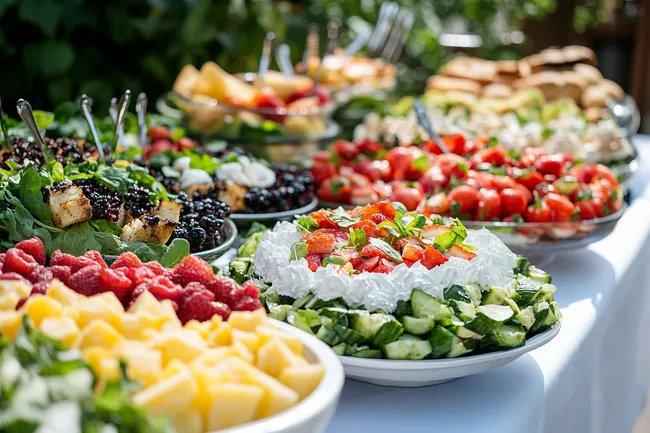 An arrangement of fresh salads and desserts on a catering table.